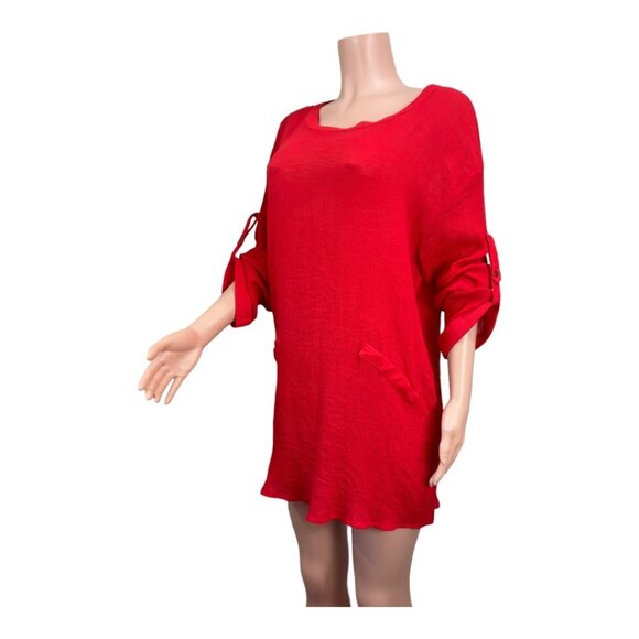 Umgee Women SZ M- Red Woven Knit Top Tunic Pullover Roll Tap Sleeve Faux Pockets - Picture 12 of 15